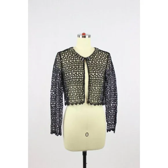 ELIE TAHARI Black Cotton Broderie Anglaise Beaded Lace Cardigan Sweater, Size 2 - Picture 2 of 15